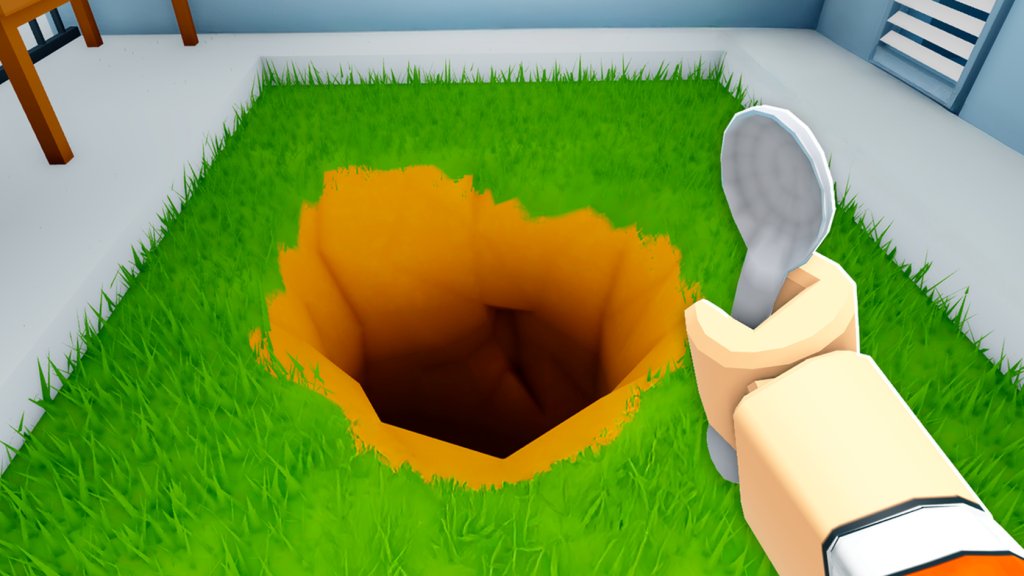 A first-person view of a dug-out cell floor in Dig to Escape